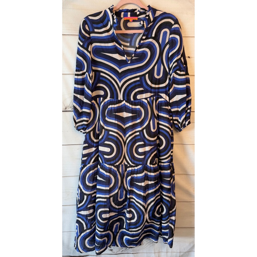 Vilagallo Blue Geometric Swirl Print Tiered Midi Dress Ruffle Neck Size 38